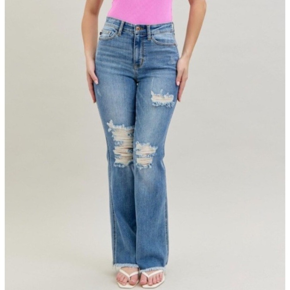Judy Blue High Waist Destroy Fray Hem Bootcut Jeans 3/26 JB82542 Tummy Control